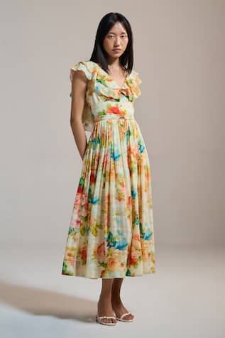 The Iaso Floral Ruffle-Sleeve Midi Dress 