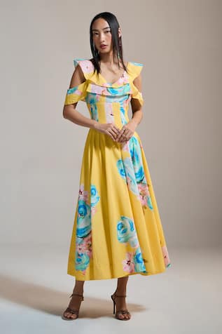 THE IASO Sunburst Floral Cold-Shoulder Dress 