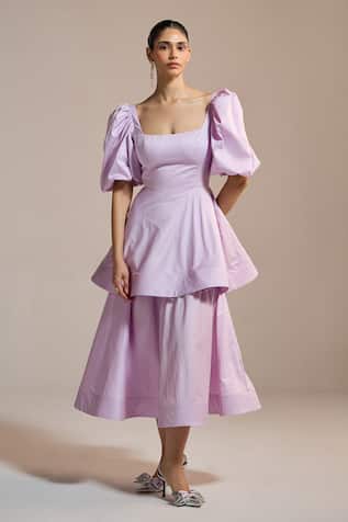 THE IASO Lilac Peplum Puff-Sleeve Dress 