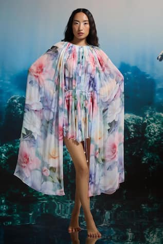 The Iaso Multicolor Iridescent Bloom Cape Dress 