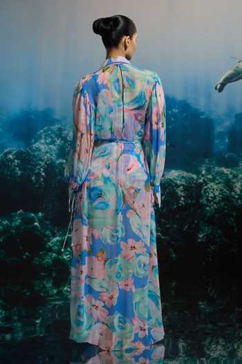 Buy Blue Chiffon Collared Ocean Bloom Maxi Shirt Dress For Women by The Iaso Online at Aza Fashions