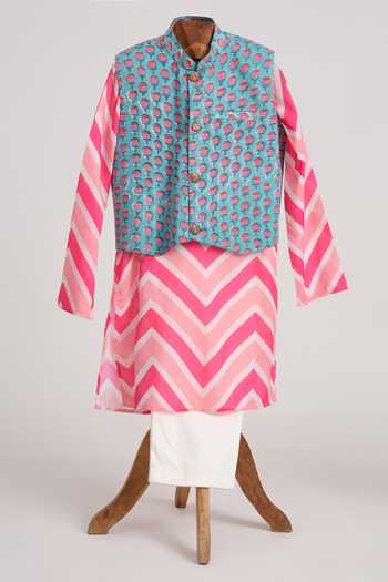MINIME ORGANICS Pink & Blue Chevron Kurta Set 