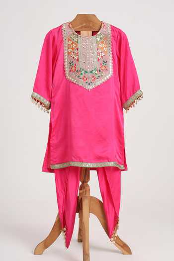MINIME ORGANICS Pink Embroidered Kurta & Dhoti Pant Set 