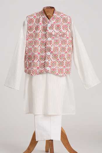 MINIME ORGANICS Silver Lurex Kurta Set With Floral Jacket 