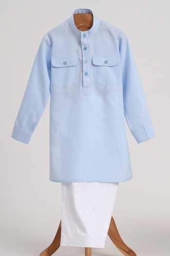 MINIME ORGANICS Light Blue Cotton Pathani Kurta Set 