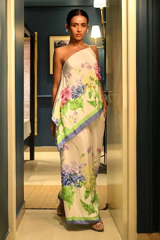 Rimi Nayak White Floral Print Top & Trouser Set 