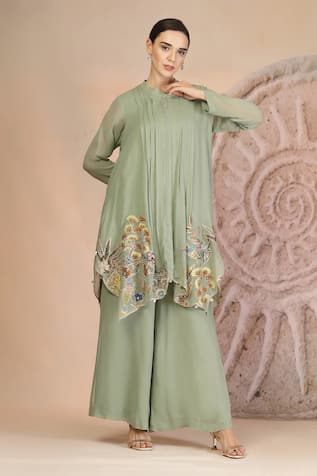 Soniya G Embroidered Pista Green Kurta & Palazzo Set 