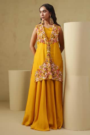 Kesar Studio Mustard Yellow Hand Embroidered Jacket Set 