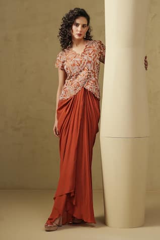 Kesar Studio Rust Orange Draped Jacket & Skirt Set 