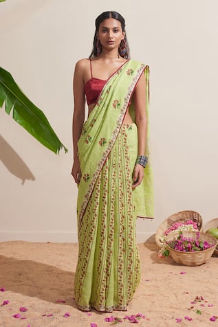 Dressfolk Embroidered Green Linen Saree 