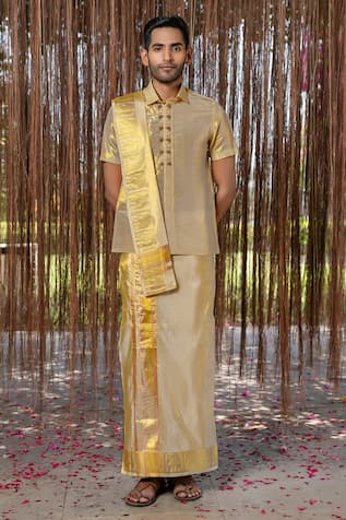 Hilo Design Gold Tissue Kanjivaram Embroidered Set 