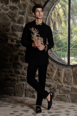 Hilo Design Black Bandhgala with Zardosi Work 
