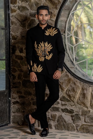 Hilo Design Black Embroidered Bandhgala Suit 