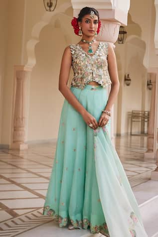 Nea By Nikita Tiwari Metallic Sea Green Pant Set 
