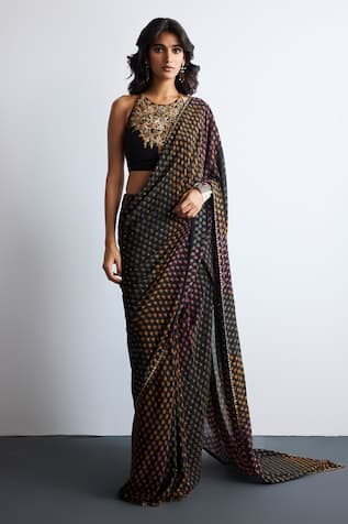 RI.Ritu Kumar Black Multi Print Designer Saree Set 