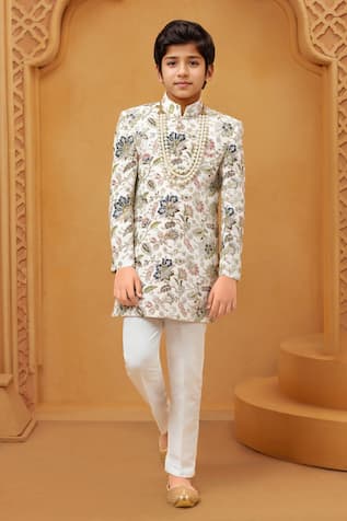 Floral Banarasi Sherwani & White Pant Set 