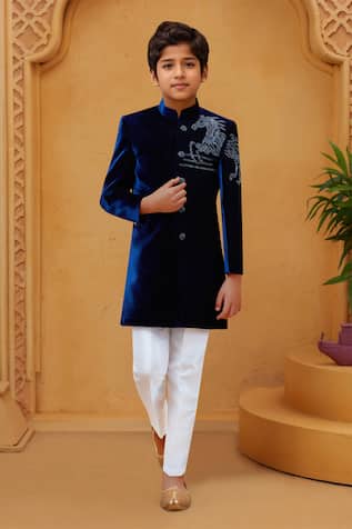 Blue Velvet Sherwani with White Pant 