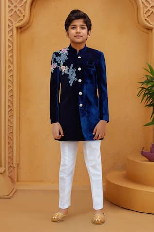 Petite Pomme Blue Velvet Sherwani with White Pant 