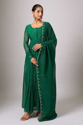 Samyukta Singhania Dark Green Chanderi Anarkali with Dupatta 
