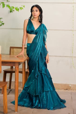 Foram Patel Teal Green Pre-Draped Saree Set 