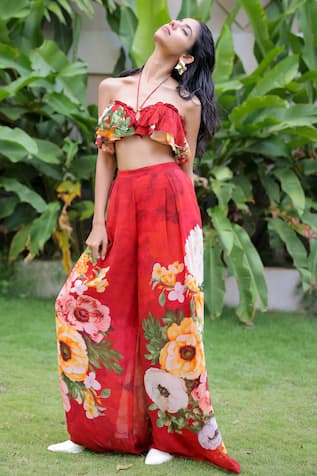 Foram Patel Floral Print Red Georgette Set 