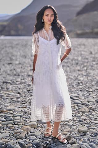 Dash And Dot Tiered Embroidered Mesh Dress 