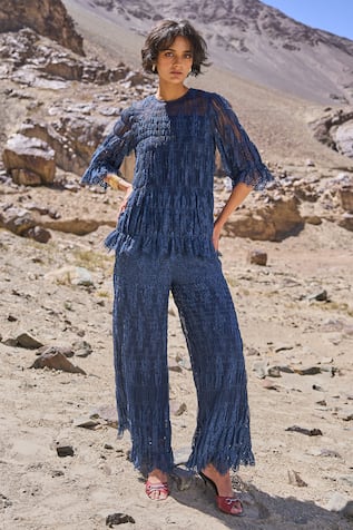 Dash And Dot Navy Allover Ruched Pant Set 