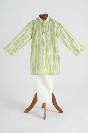 MINIME ORGANICS Green Patterned Cotton Kurta & Pyjama Set 