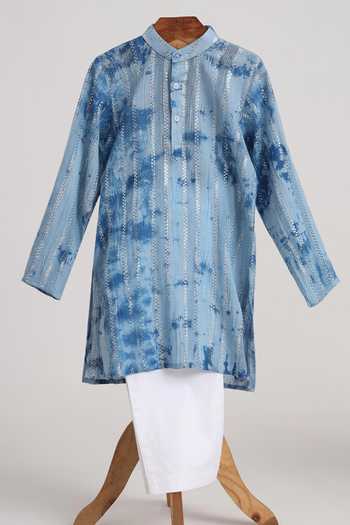 MINIME ORGANICS Blue Cotton Lurex Kurta & Pyjama Set 