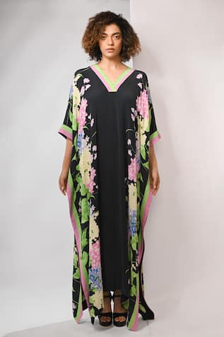 Rimi Nayak Floral Printed Black Kaftan with Beads 