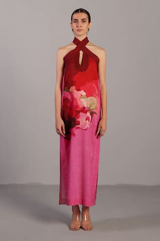 Clos Floral Print Halter Neck Dress 