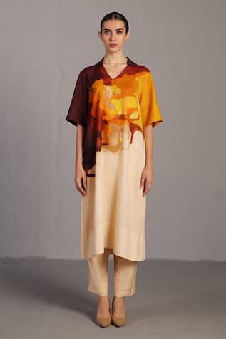 Clos Brown & Ochre Korean Linen Kurta Pant Set 