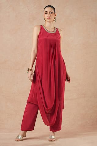 Dori & CO. Ruby Red Metal Hand Embroidered Kurta Set 