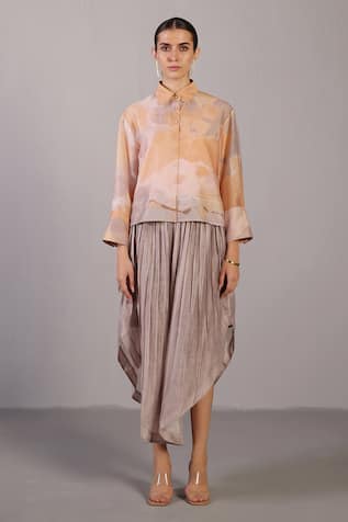 Clos Soft Grey & Orange Designer Shirt Pant Set 