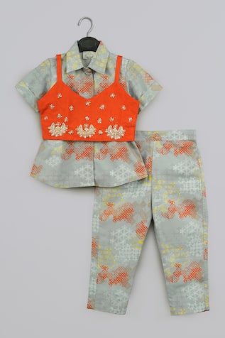 Little Brats Grey & Orange Embroidered Shirt Set 