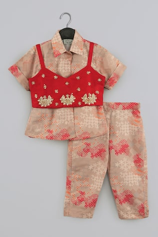 Little Brats Beige and Red Embroidered Shirt Set 