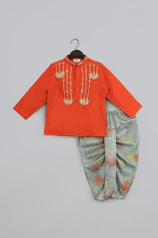 Little Brats Orange Embroidered Kurta & Dhoti Set 