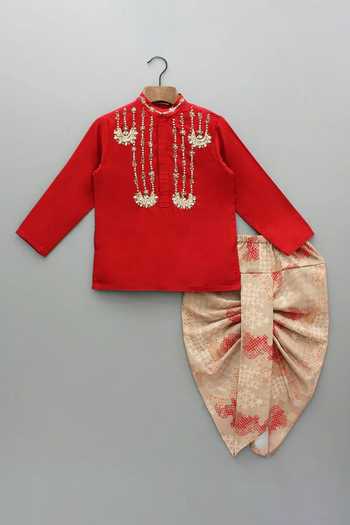Little Brats Red Embroidered Kurta & Dhoti Set 