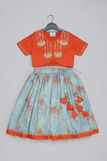 Little Brats Orange Embroidered Blouse & Ghagara Set 