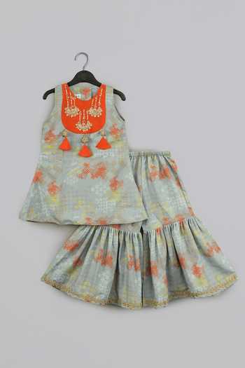 Little Brats Grey & Orange Embroidered Top & Sharara Set 