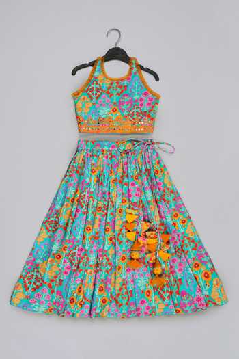Little Brats Blue Embroidered Blouse & Ghagara Set 