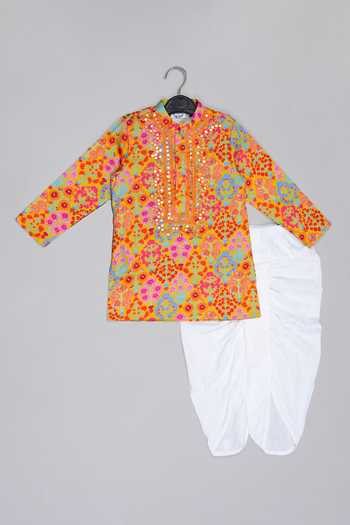 Little Brats Mustard Embroidered Kurta & Dhotis Set 