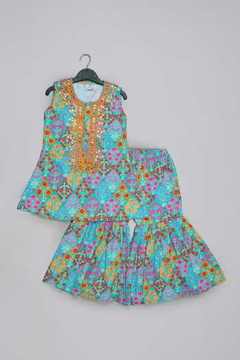 Little Brats Embroidered Blue Top & Sharara Set 