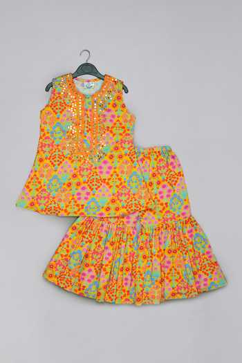 Little Brats Mustard Embroidered Top & Sharara Set 