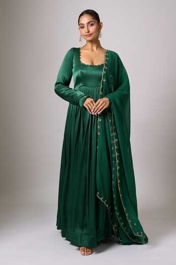Samyukta Singhania Dark Green Satin Anarkali with Dupatta 