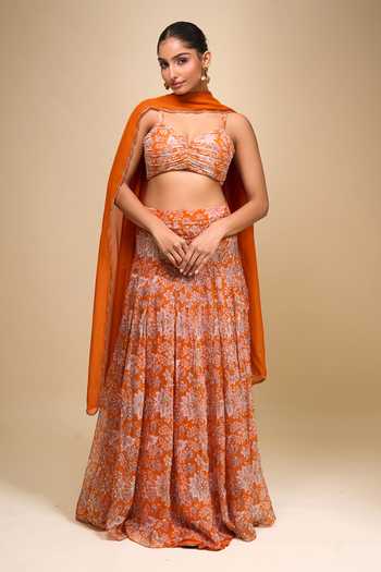 Samyukta Singhania Orange Floral Organza Lehenga Set 