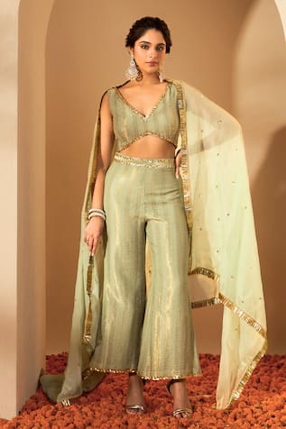 Roohbyridhimaa Sage Green Sequin Woven Blouse Pant Set 