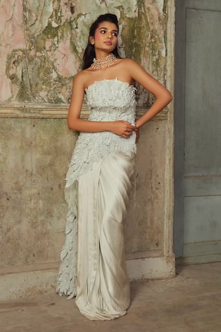 Piri India Designer Cloud Grey Embroidered Top & Skirt 
