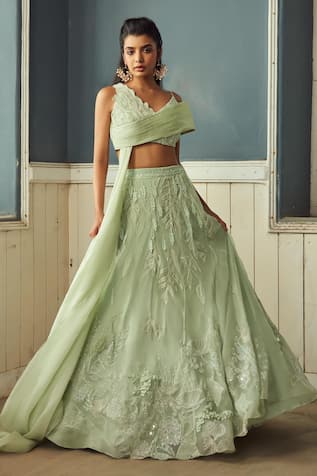 Piri India Sage Green 3D Applique Lehenga Set 