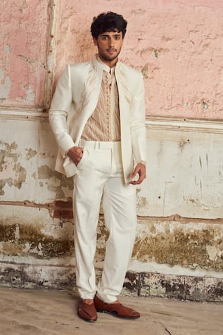 Piri India Designer Ivory Embroidered Jacket Set 